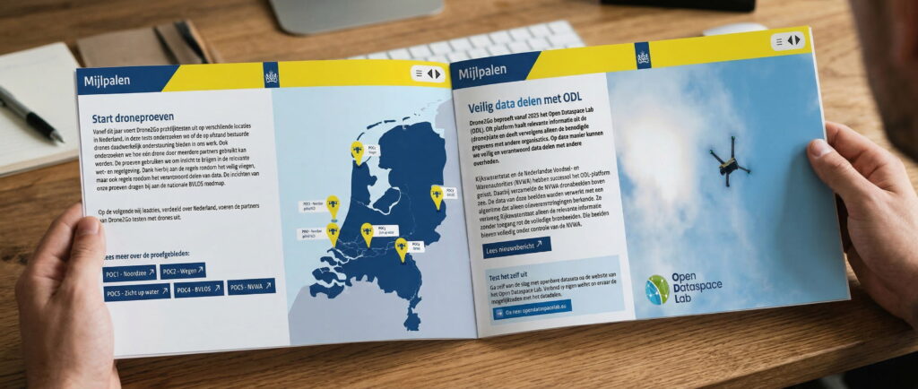 Een persoon houdt het jaarverslag van Drone2Go vast, met op de achtergrond een bureau zichtbaar.